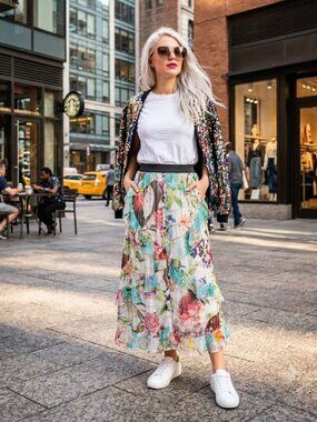 NWOT Rococo Sand multicolour floral & metallic fibre ruffle maxi skirt, S